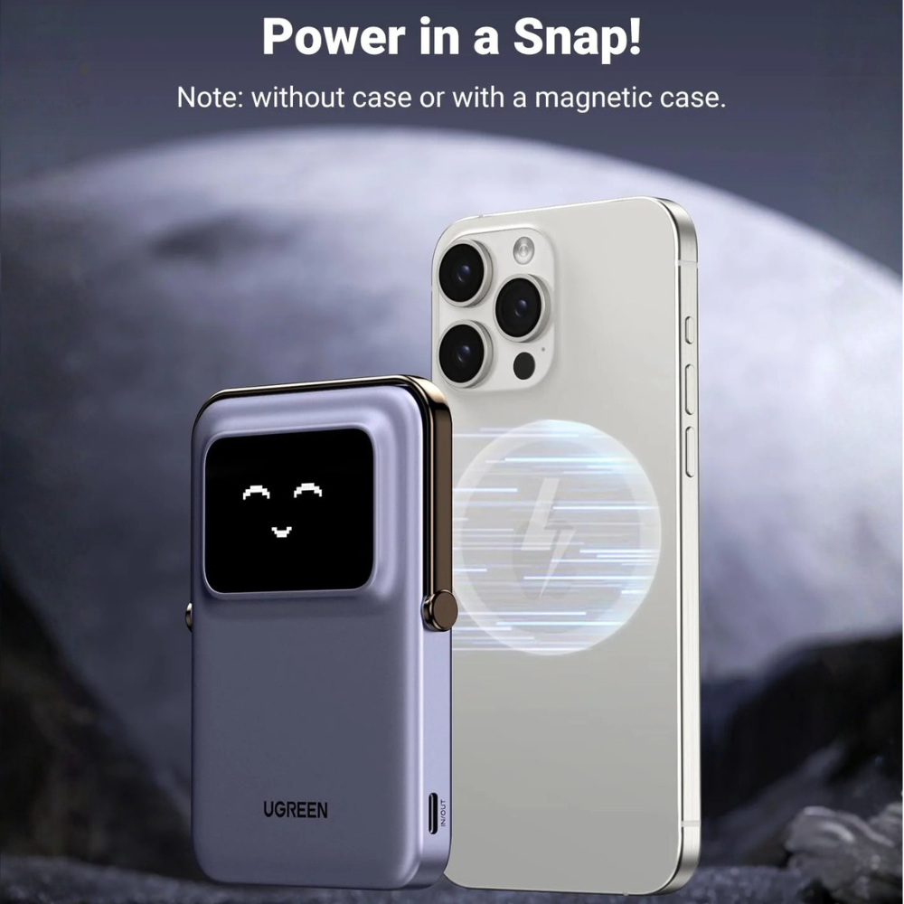 UGREEN Uno 5000mAh Magnetic Wireless Power Bank, 7.5W Wireless, 20W USB-C PD, TFT Display | PB571