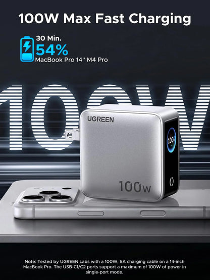 UGREEN 100W 4-Port GaN Fast Charger with Smart Power Display, Foldable Plug | X772 (95405B)