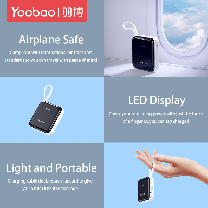 Yoobao LK10 10000mAh 22.5W Fast Charge Digital Display Mini Power Bank with Built-In Type C & Lightning Charging Cable, USB-A & USB-C Port for Phone, Tablet, Camera, iPhone, Android Smartphone, etc. - Black / Purple / Blue | Powerbank