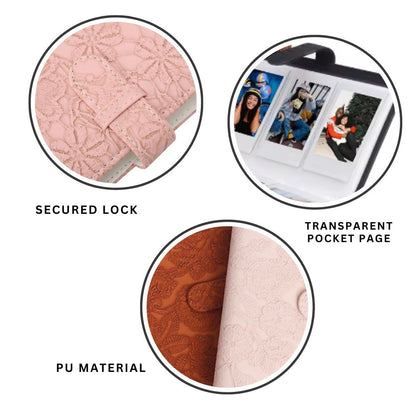 [CLEARANCE] Pikxi AM96-01 96 Pockets Elegant Carved Lace Style Photo Album with Slip On Latch for Fujifilm Instax Mini Instant Camera - Light Pink