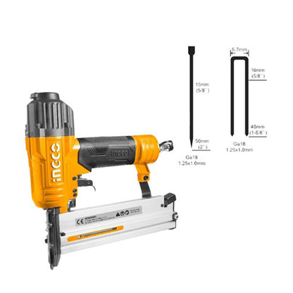 INGCO 2 in 1 Combo Air Brad Nailer Staple Gun with 100pcs Load Capacity, Nail (15 - 50mm), Staple (16 - 40mm)