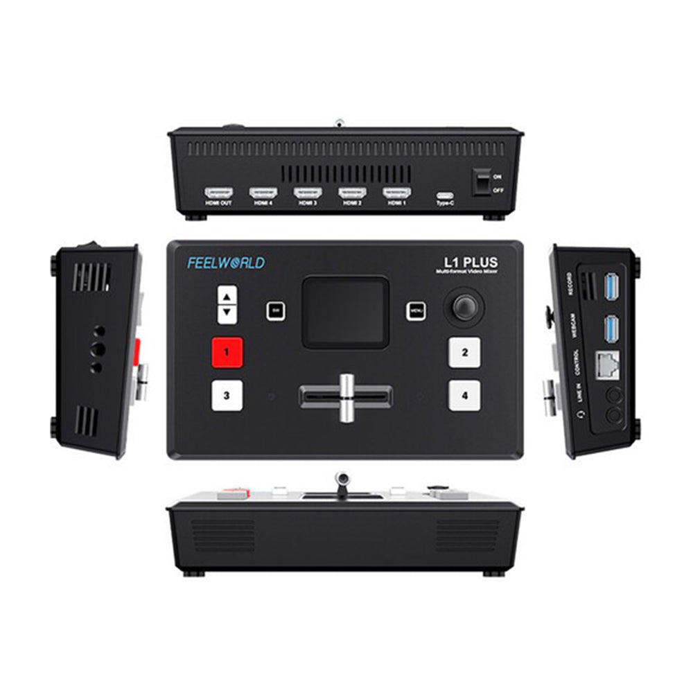 FEELWORLD L1 PLUS Multi-Camera Video Mixer Switcher with 4 HDMI Inputs, 4K 60Hz Support, 2" Touch Screen, PTZ Camera Joystick Control, USB 3.0 Interface, Audio Port, and RJ45 LAN Connection for  Live Streaming, Broadcast, and Conferencing