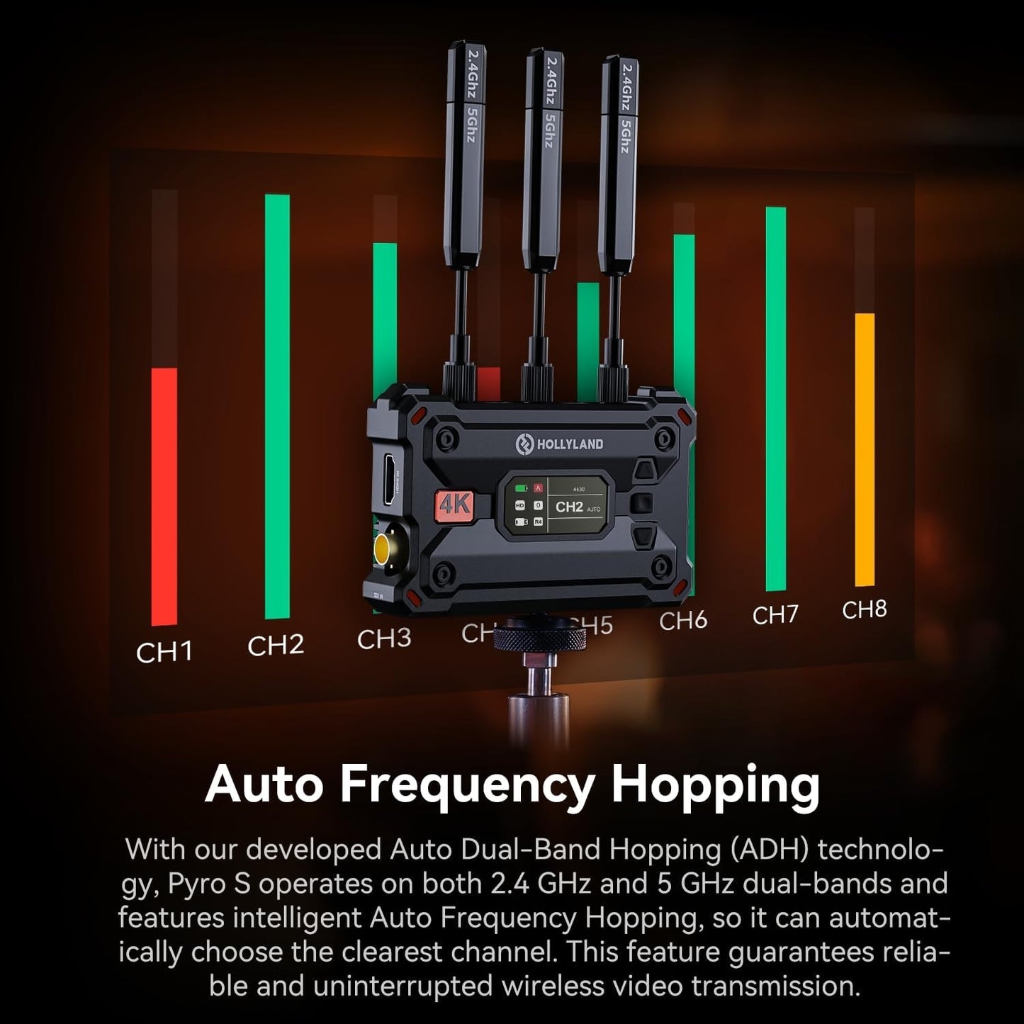 HOLLYLAND PYRO S HDMI / SDI Wireless 4K 30fps UHD Video Transmission System TX Transmitter + RX Receiver with Max 1300ft LOS Range, 50ms Low Latency, UVC & RTMP Streaming, Multi Power Supply Options for Live Broadcasting, Videography