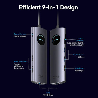 Vention 9-in-1 USB 3.0 Multi-Interface MST Docking Station with 5Gbps USB Hub, 4K@60Hz HDMI Video, SD / TF Card Reader, 1000Mbps RJ45 Ethernet, and 100W PD Charging Ports for Desktop Computer Laptop Smart TV Display Monitor Network Device