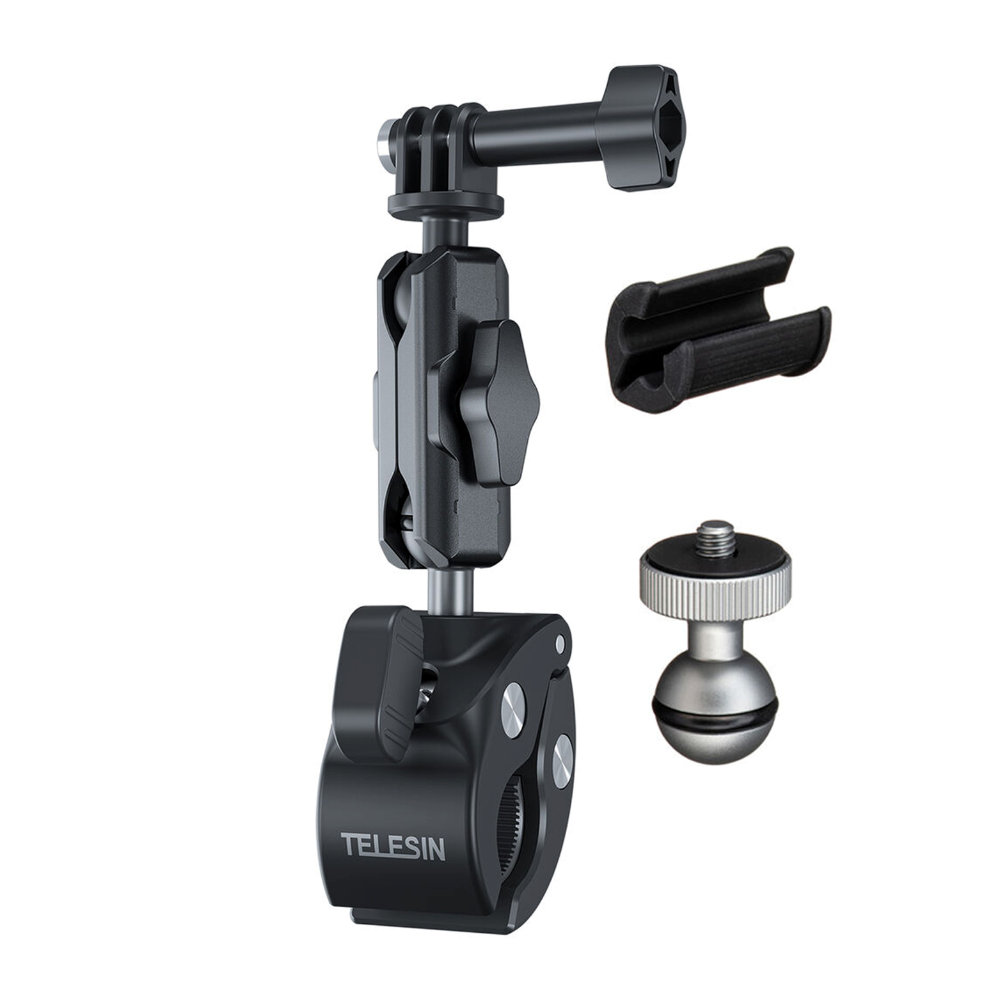 TELESIN Bike & Motorcycle Crab Claw Style Clamp Pipe Mount with Dual 360° Ball Head Swivel Joint, Anti Slip Rubber Grip and Adjustable Angle Lock for Action Cameras