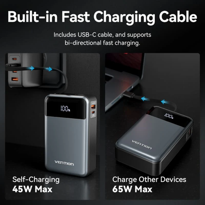 Vention 20000mAh 65W Fast Charging Power Bank with Built-in Cable, Lanyard Design, LED Digital Battery Display and Up to 3 Devicess