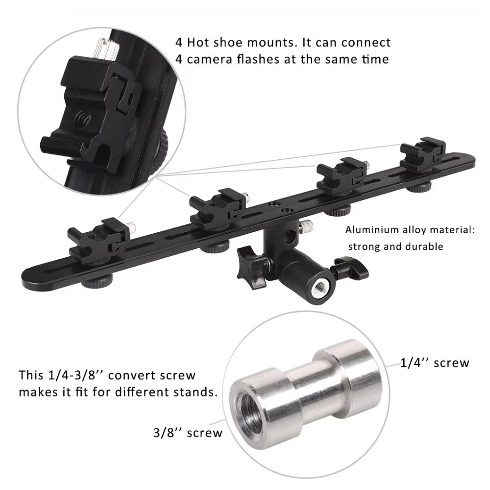 Pxel Quad / Dual Light Stand Bracket with Umbrella Reflector Holder, 1/4 & 3/8 Inches Cold Shoe with 180° Vertical Adjustment & Adjustable Hot Shoe Mount for Camera Flash Speedlite, Studio Lights & Photography Accessories | LS12 LS13