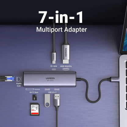 [CLEARANCE] UGREEN 7-in-1 USB Type C Multifunctional Docking Station with 4K HDMI, 100W PD Fast Charging, 5Gbps USB, SD/TF MicroSD Card Reader, RJ45 Ethernet for PC, Desktop Computer, Laptop, MacBook, Windows, MacOS | 60515