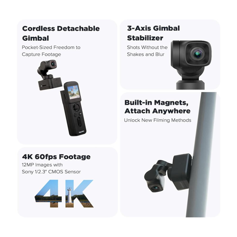 FeiyuTech Pocket 3 Kit Cordless Detachable 3-Axis Stabilizer Gimbal Camera - 4K UHD 130° FOV Footage, 12MP Sony 1/2.3" CMOS Sensor, Smart AI Tracking, Break-Point Resume Record, Magnetic Base Mount