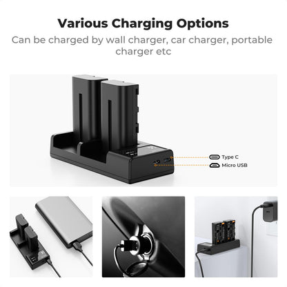K&F Concept NP-F550 2pcs (2-Pack) 2200mAh Battery + Dual Bay Charger Set Kit, Fully Decoded, USB Type-C / Micro USB Ports for Sony Camcorders