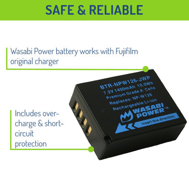 Wasabi Power NP-W126 NPW126 7.2V 1400mAh Battery for Fujifilm HS30EXR, X-A1 X-A5 X-A10, X-E1 X-E2 X-E2s X-E4, X-H1, X-M1, X-Pro1 X-Pro2 X-Pro3, X100F X100V Mirrorless Camera