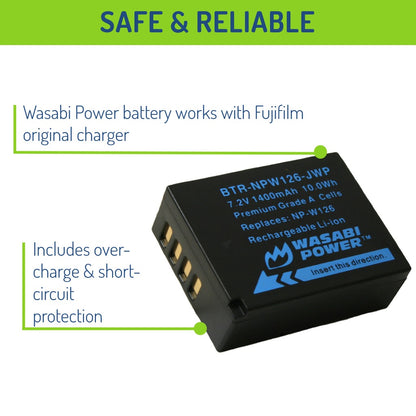 Wasabi Power NP-W126 NPW126 7.2V 1400mAh Battery for Fujifilm HS30EXR, X-A1 X-A5 X-A10, X-E1 X-E2 X-E2s X-E4, X-H1, X-M1, X-Pro1 X-Pro2 X-Pro3, X100F X100V Mirrorless Camera
