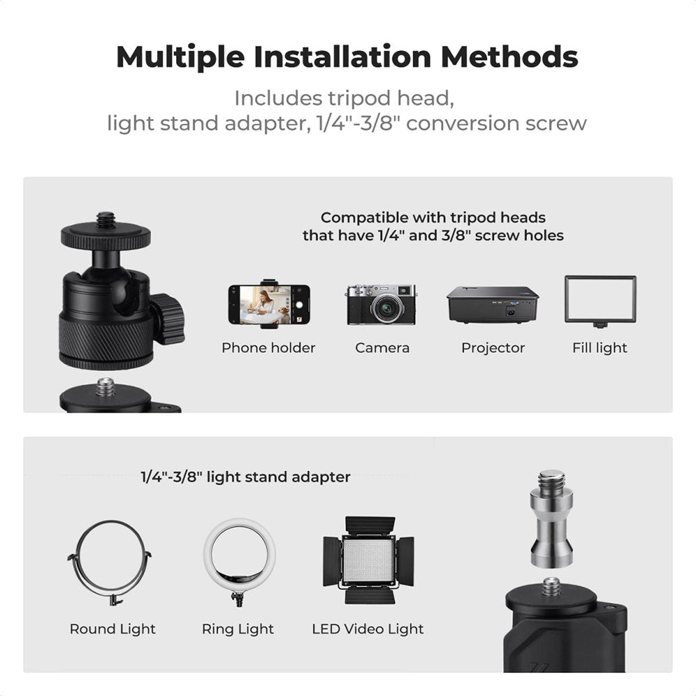 K&F Concept 102cm Aluminum C-Clamp Desktop Stand with 3kg Load Capacity, Buckle Lock, 360° Adjustable Ball Head, Light Stand Mount Adapter, Phone Holder and 1/4-3/8" Screw Holes for Camera Smartphone & Ring Lights | 1-Pack / 2-Pack Options