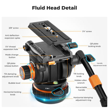 K&F Concept 360 Degree Fluid Head 3-Section Professiol Video Tripod with 10kg / 8kg Max Load Capacity, 1.9m Max Height, Hydraulic Dampening Panoramic / Tilt and 1/4" 3/8" Threaded Mounts for DSLR Mirrorless Cameras | VA3+BV10 VA3+BV20