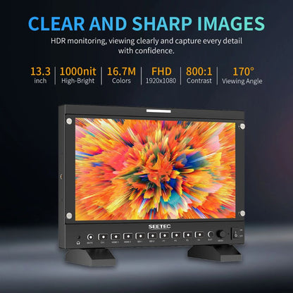 [CLEARANCE] FEELWORLD SEETEC P133 Pro 13.3" IPS HDMI 2.0 / 3G-SDI Broadcast Monitor with 4K @ 60Hz, DVI Input, 1000 NITs, Waveform LUT,  Tally Indicator, 16 Channel Audio Meter, V-Mount Battery Plate and DC Output