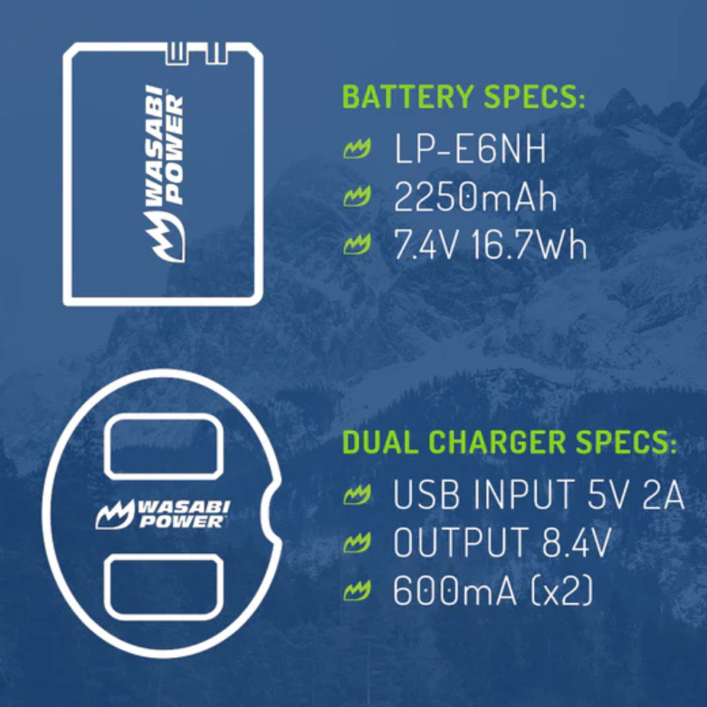 Wasabi Power LPE6 LPE6NH Battery and Charger Kit (7.4V, 2250mAh, 16.7Wh) for Canon 5D Mark II 5D Mark III 5D Mark IV 5DS 5DS R 6D 6D Mark II 7D 7D Mark II 60D 60Da 70D 80D 90D R R5 R5C R6 R7 Ra XC10 XC15 BG-E6 BG-E7 BG-E9 and select Canon Camera