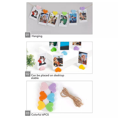 Pikxi 6pcs Heart Shaped Photo Clip Hangers with Jute String for Instax mini SQUARE and WIDE Film Camera