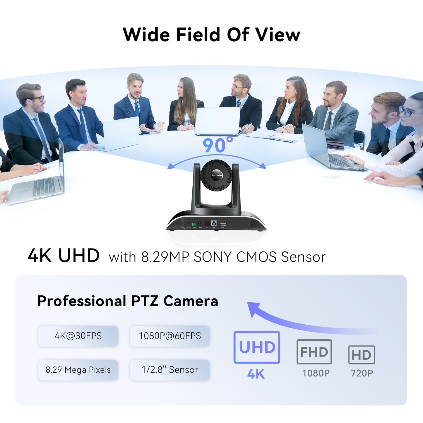 Tenveo Tevo 12X Zoom 8MP 4K Ultra HD PTZ Video Conference Camera - USB 3.0 / HDMI / RS232 / RS485 with IR Remote Control for Business Meeting, Events, Church, Online, Education, and Training Video Recording | VHDPRO12U-4K