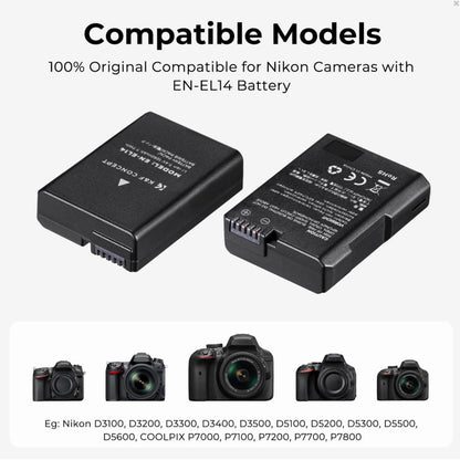 K&F Concept EN-EL14 2pcs Battery + Dual Bay Charger Kit with 7.4V 1050mAh, Micro-USB / Type-C Port, Quick Charge and Multiple Charging Protection for Nikon D3500, D5600, D3200, D3300, D3400, D5500, Coolpix P7800, P7700, P7200, P7100, P7000