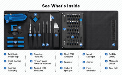 iFixit PRO Tech Precision Toolkit Set with Opening, Gripping, Prying, Poking and 64 Magnetic Bit Drivers for Professional Electronics Repair for Smartphones Tablets Laptop PC Computer