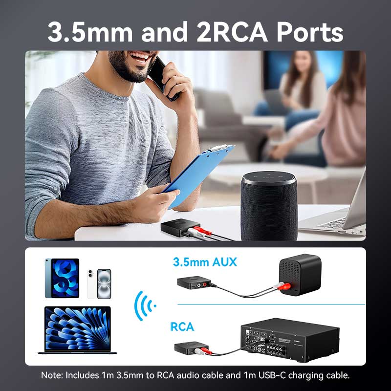 Vention Wireless Bluetooth 5.1 Receiver Adapter HiFi with 3.5mm and 2 RCA Outputs, USB Type-C Charging Port, Up to 10M Transmit Distance for Smartphones, Tablets, Laptops to Speakers, Headphones & Speakers