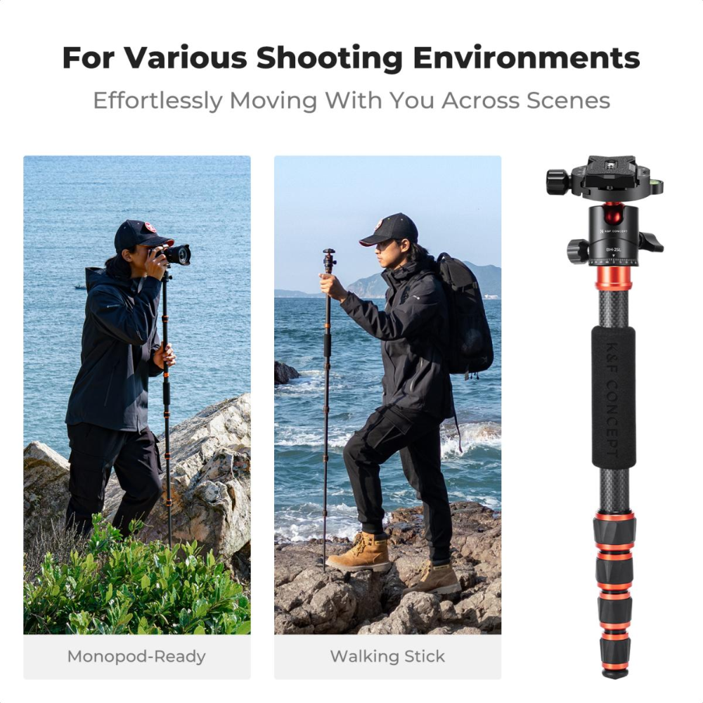 K&F Concept 360° Ball Head 5-Section Carbon Fiber Tripod + Monopod with 8kg Maximum Load Capacity & 1.52m Height, 1/4" Threaded Mounts for DSLR Mirrorless Cameras | A225C0+BH-25L