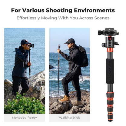 K&F Concept 360° Ball Head 5-Section Carbon Fiber Tripod + Monopod with 8kg Maximum Load Capacity & 1.52m Height, 1/4" Threaded Mounts for DSLR Mirrorless Cameras | A225C0+BH-25L