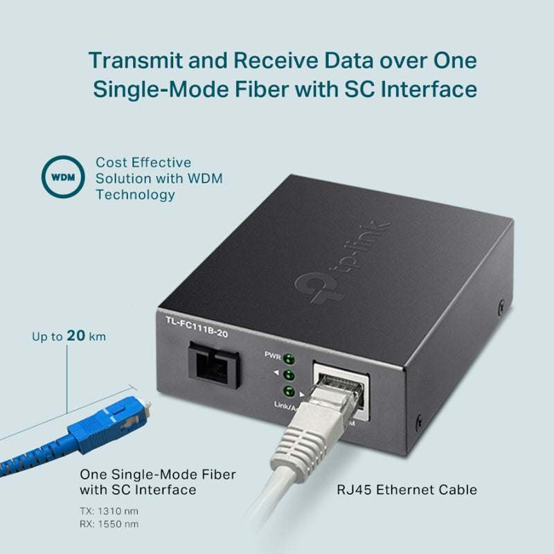 TP-Link TL-FC111PB-20 10/100Mbps WDM Media Converter with 1-Port PoE Single-Mode Fiber Optic Transceiver with 20 km Extension Range, Auto-Negotiation Half/Full-Duplex Mode, Auto-MDI/MDIX TP LINK TPLINK