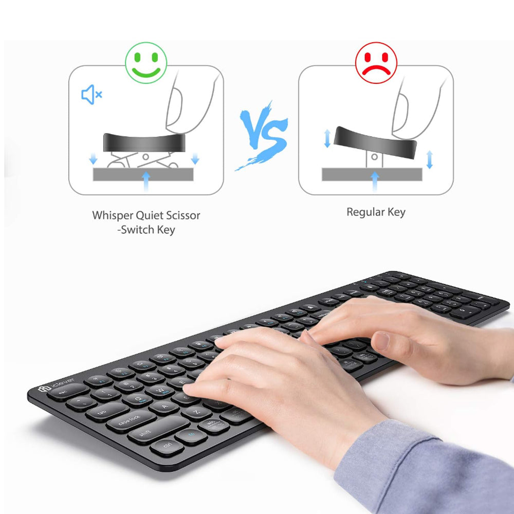 iClever GKA38B 110 Keys 2.4Ghz Wireless Keyboard with Scissor Type Switches, 280mAh Rechargeable, Max 33ft Connection, Ultra Thin Stainless Steel for Windows Mac Desktop PC Computer