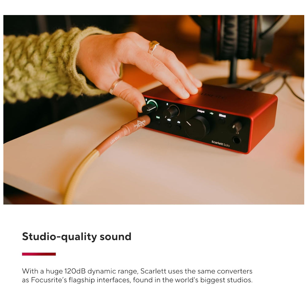 Focusrite Scarlett Solo 4th Generation 2 in / 2 Out USB Type-C Audio Interface with XLR Mic Preamp, Headphone, 1/4" Line & Hi-Z Inputs with Air Mode, Virtual Loopback Function and Software Expansion Bundle