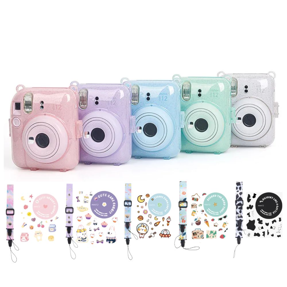 Pikxi 3-in-1 Transparent Glitter Instant Camera Case for FUJIFILM Instax Mini 12 Film Cameras with Cartoon Patch Sticker Set and Body Strap