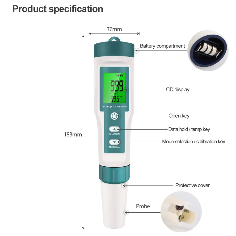 Noyafa NF-EZ9908 Compact 7-in-1 Digital Drinking Water pH Quality Tester with 4x 250ml Solution Powder, LCD Screen Display, TDS/EC/pH/Salinity/S.G/Temperature Monitor
