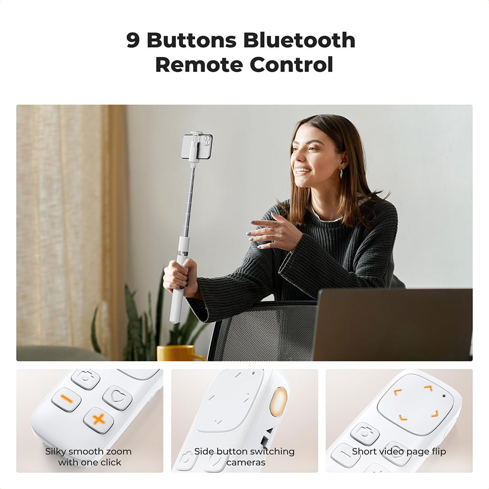 K&F Concept Rotatable Automatic Tripod Selfie Stick with 9-Button Bluetooth Remote, 68.9" (157cm) Max Height, Cold Shoe Mount, Quick Open & Fold Magnetic Legs for Smartphone Live Streaming Travel & Content Creation - White, Black