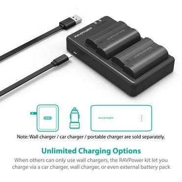RAVPower EN-EL15 EN EL15a Battery Charger and 2-Pack Rechargeable Li-ion Batteries for Nikon d750, d7200, d7500, d850, d610, d500, MH-25a, d7200, z6, d810 Batteries (2-Pack, Micro USB Port, 2040mAh)