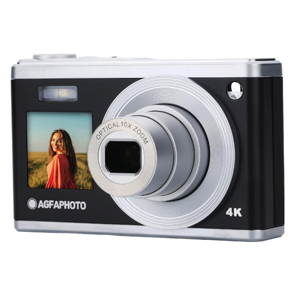AGFAPHOTO RealiShot (DC9200) 24MP Compact Digital Camera with 10x Optical Zoom, CMOS Sensor, 4K Video Capture, Dual LCD Screen Display and Max 64GB Memory Storage Support for Point and Shoot Photo Video | Black, Gray/Silver