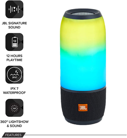 JBL Pulse 3 Wireless Bluetooth Speaker with 360° Sound and Lightshow, 12 Hours Playtime, IPX7 Waterproof Housing and JBL Connect+ App Support (BLACK)