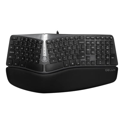 [CLEARANCE] Delux GM901U 107 Keys Wired Ergonomic Split Membrane Keyboard with Built-in Curved Pillowed Wrist Rest, 2 USB Ports, and 12 Multimedia Shortcut Buttons for Windows, macOS, PC, Laptop (Black)