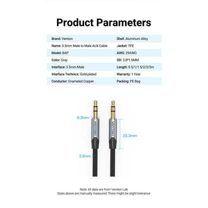 [CLEARANCE] Vention TRS 3.5mm Male to TRS 3.5mm Male Flat Gold Plated (BAP) Audio Cable for Car Audio, Mobile Phones, Speakers, Laptops