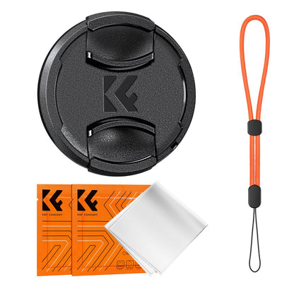 K&F Concept Snap-On Center Pinch Camera Lens Cap with Wrist Strap & Microfiber Cleaning Cloths for FUJIFILM Sony Canon Nikon Panasonic Lumix Olympus OM SYSTEM - Available in 49mm 52mm 55mm 58mm 62mm 67mm 72mm 77mm 82mm