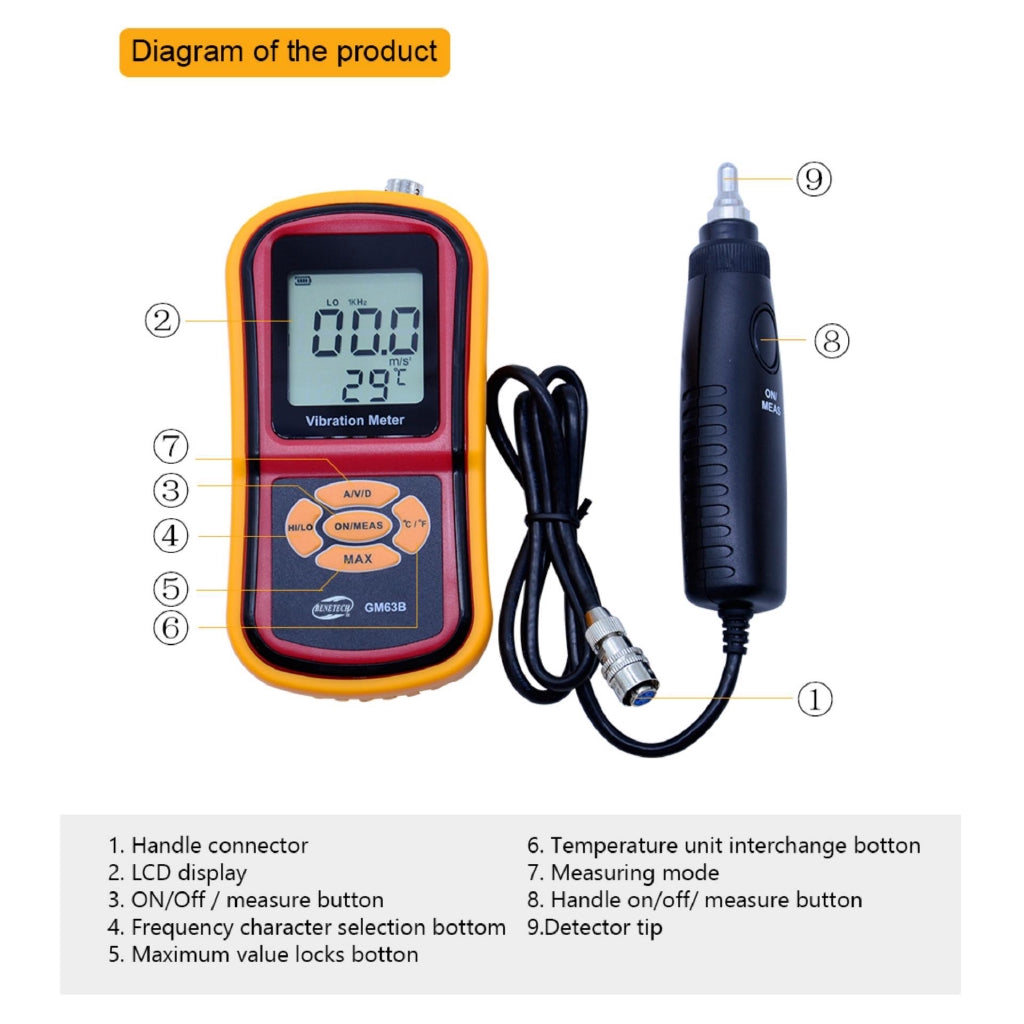 Benetech GM63B Digital Displacement / Velocity / Acceleration Measurement Vibrometer Vibration Meter + Temperature Meter