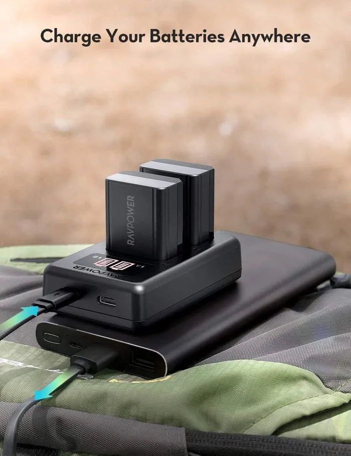 RAVPower (2-Pack) NP-FW50 NPFW50 Battery & Dual Charger Kit for Sony Alpha a6000, a6400, a6100, a6300, a6500, a7, a7 II, a7R, a7R II, a7R2, a7S, a7S II, a7S2, a55, RX10, NEX-3/5/7 Digital Camera with Micro USB and Type C Charging Port