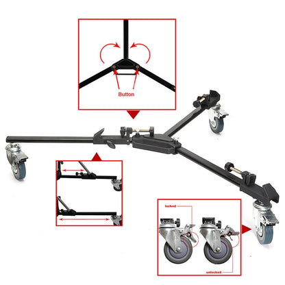 Pxel AA-TP DOLLY Heavy Duty Aluminum Folding Tripod Dolly with 3 Wheel Slider Stand for Video Camera Camcorder