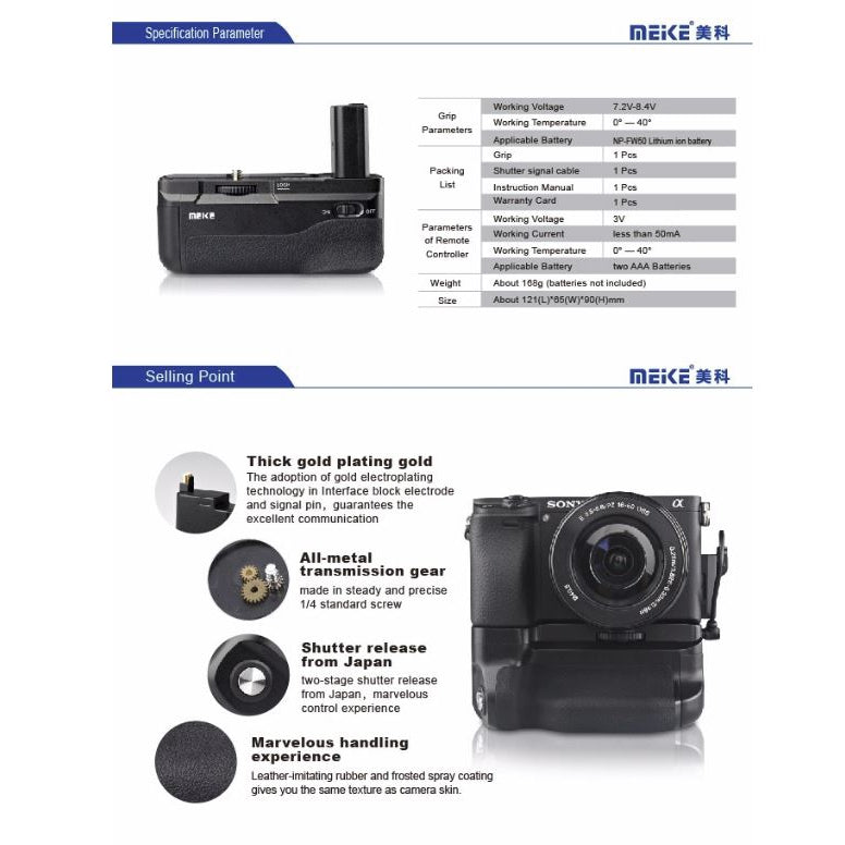 Meike MK-A6300 Professiol Battery Grip with 2.4GHz Wireless Remote Control for Sony A6300, A6000 Mirrorless Cameras, Compatible for NP-FW50 Battery