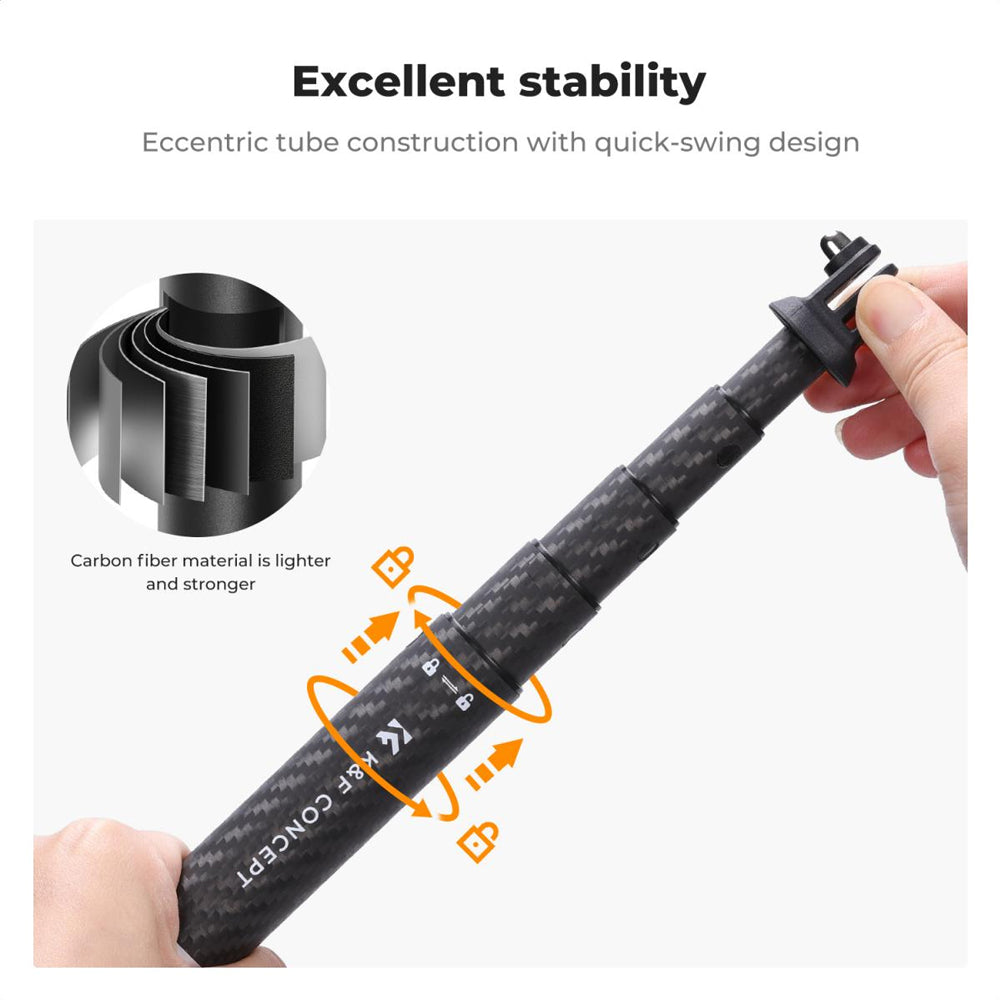 K&F Concept MS22 127cm / 50 inch Adjustable Extension Carbon Pole Invisible Selfie Stick Monopod with Wrist Strap for Insta360, GoPro, DJI Osmo Action Camera & Mobile Phone Holder