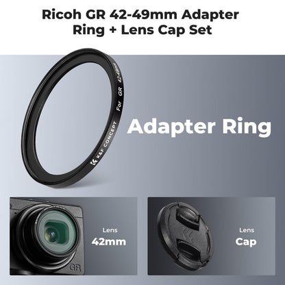 K&F Concept 42 to 49mm no-X Filter Adapter Ring for Ricoh GR IIIx III II Camera Series with Lens Cap Aluminum Alloy