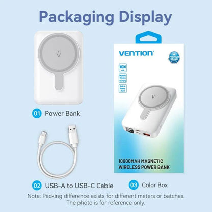 Vention 10000mAh 22.5W/PD20W Magnetic Wireless Power Bank with Smart LED Digital Display, 2-Port Output, Stand Function for iPhone, iPad, Airpods, Android Smartphone, Tablet, Camera - Black, White