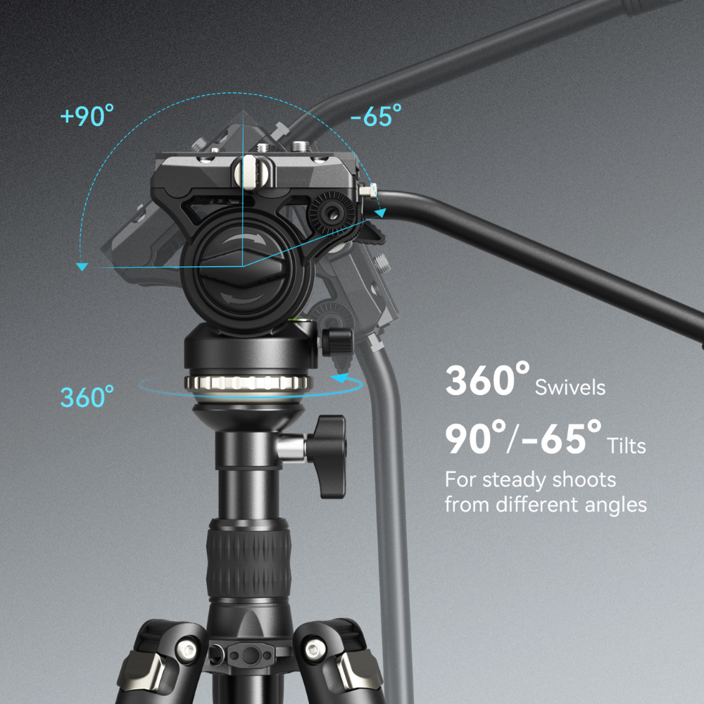 SmallRig CT-210 Aluminum Camera Video Tripod Kit - Snap-On Type Quick Release Fluid Head, Reversible Center Column, 192cm Max Height, 6kg Load Capacity, 4-Section Legs, 360° Panning & 90°/-65° Tilting, Monopod Configuration | 4475