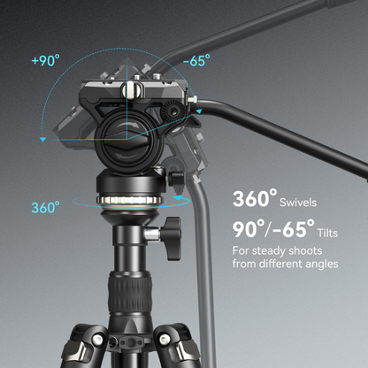 SmallRig CT-210 Aluminum Camera Video Tripod Kit - Sp-On Type Quick Release Fluid Head, Reversible Center Column, 192cm Max Height, 6kg Load Capacity, 4-Section Legs, 360° Panning & 90°/-65° Tilting, Monopod Configuration | 4475