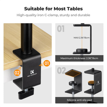 K&F Concept 102cm Aluminum C-Clamp Desktop Stand with 3kg Load Capacity, Buckle Lock, 360° Adjustable Ball Head, Light Stand Mount Adapter, Phone Holder and 1/4-3/8" Screw Holes for Camera Smartphone & Ring Lights | 1-Pack / 2-Pack Options