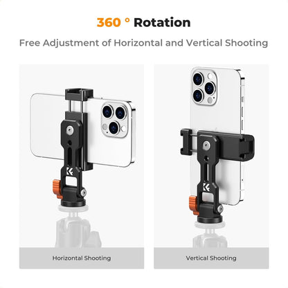 K&F Concept 360 Degree Multifunctiol Phone Clip with 180 Degree Tilt, 1/4" Bottom Threaded Holes and Double Cold Shoe for Smartphones | KF31-094